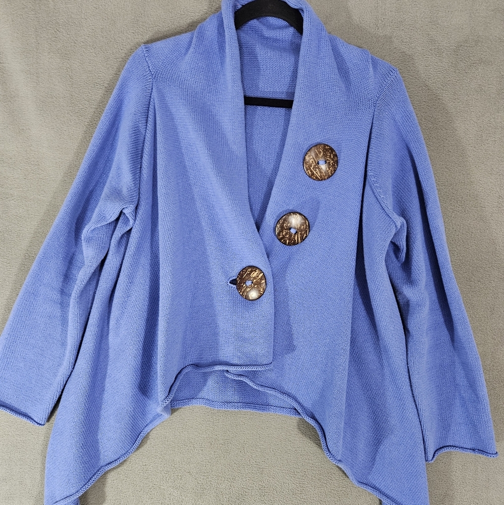 Haiku Cotton Sweater Falling Off Style Wood Button One Size Artsy Blue Lagenlook